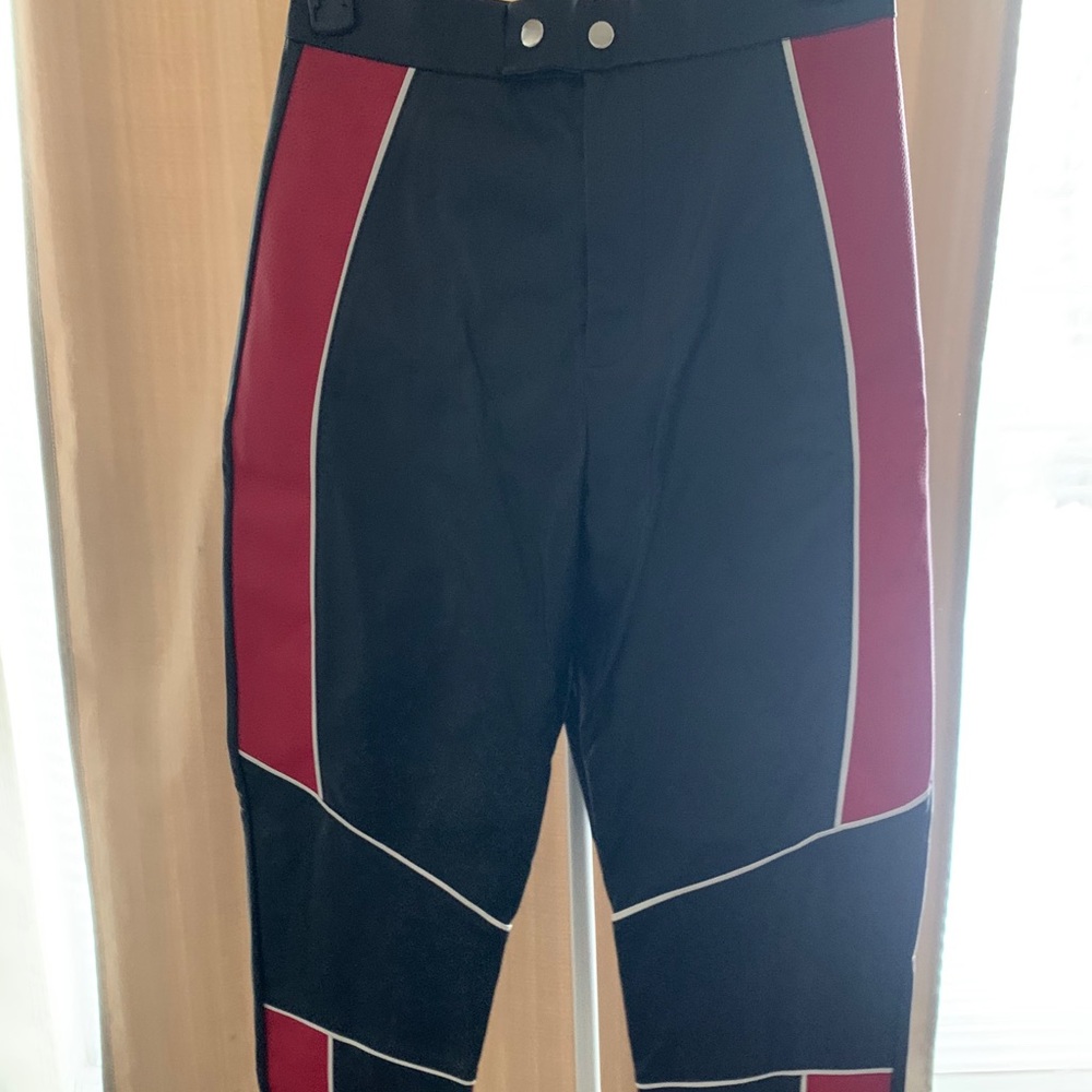 Black leather pants with red racing stripe